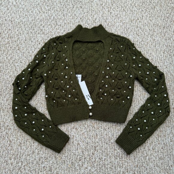 Zara Green Open Back Knit Sweater w/ Pearl Small Holiday Elegant Fun - Picture 9 of 14